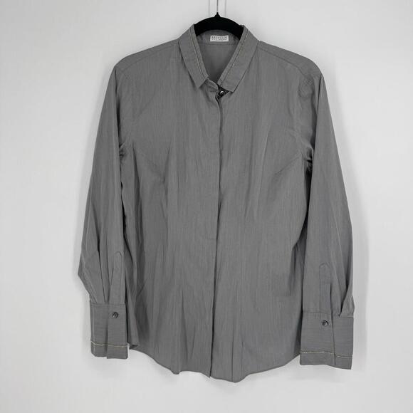 Brunello Cucinelli shirt top womens L L gray button up sparkle trim luxury work - Picture 1 of 8